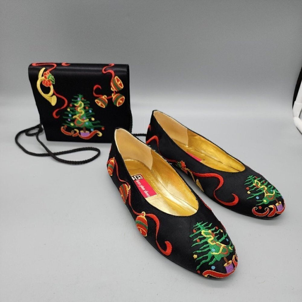 Brass Plum Christmas Shoes 6 Leather Ballet Flats Matching Purse